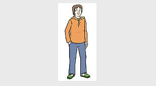 Das Bild zeigt einen Jugendlichen. Er hat Jeans und einen Kapuzen-Pulli an.